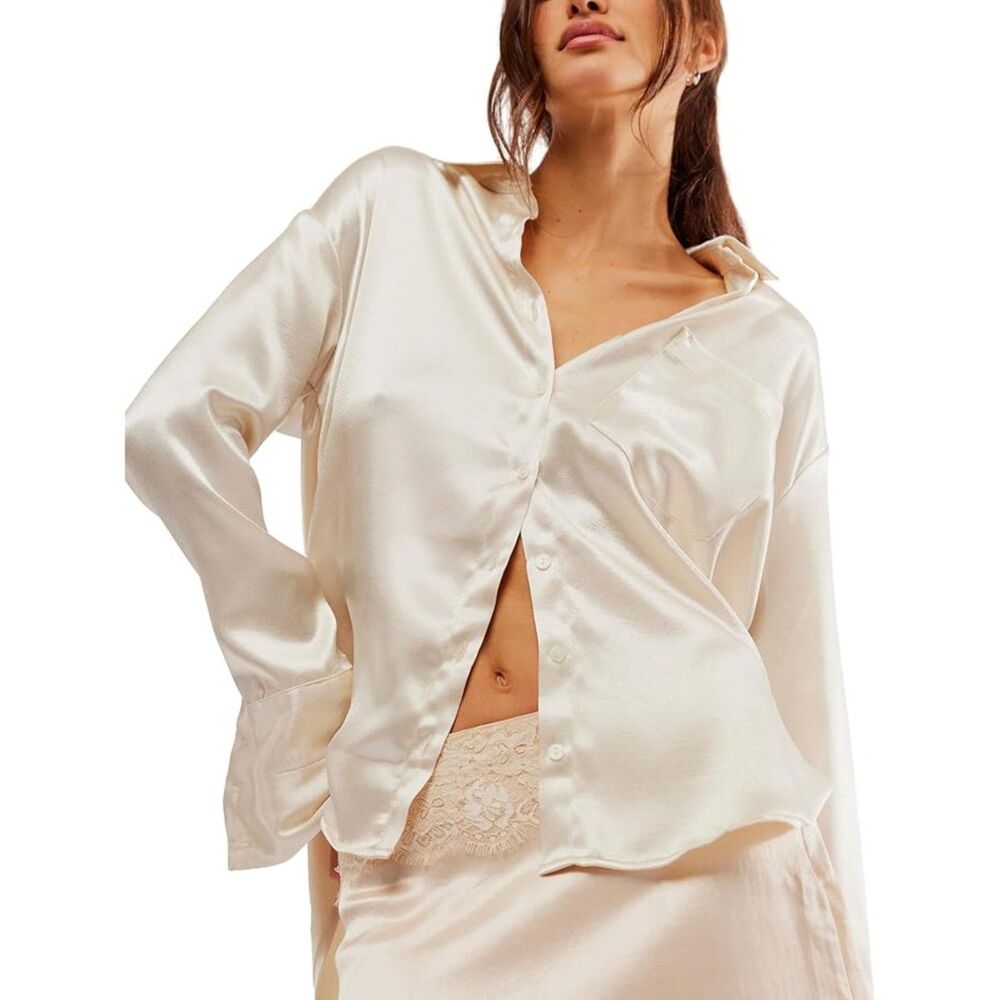 Free People Shooting For the Moon Button Down Tea Champagne Size Medium